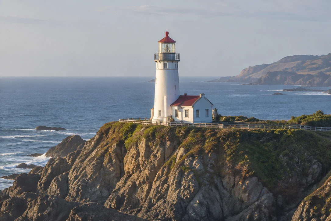 Coastal lighthouse with a telephoto attachment: a tighter frame; AI-generated illustration