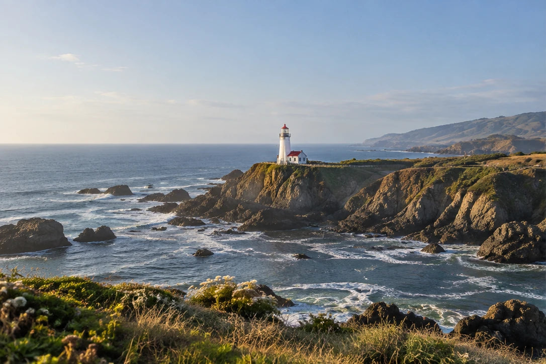 Coastal lighthouse without a telephoto attachment: wide view; AI-generated illustration