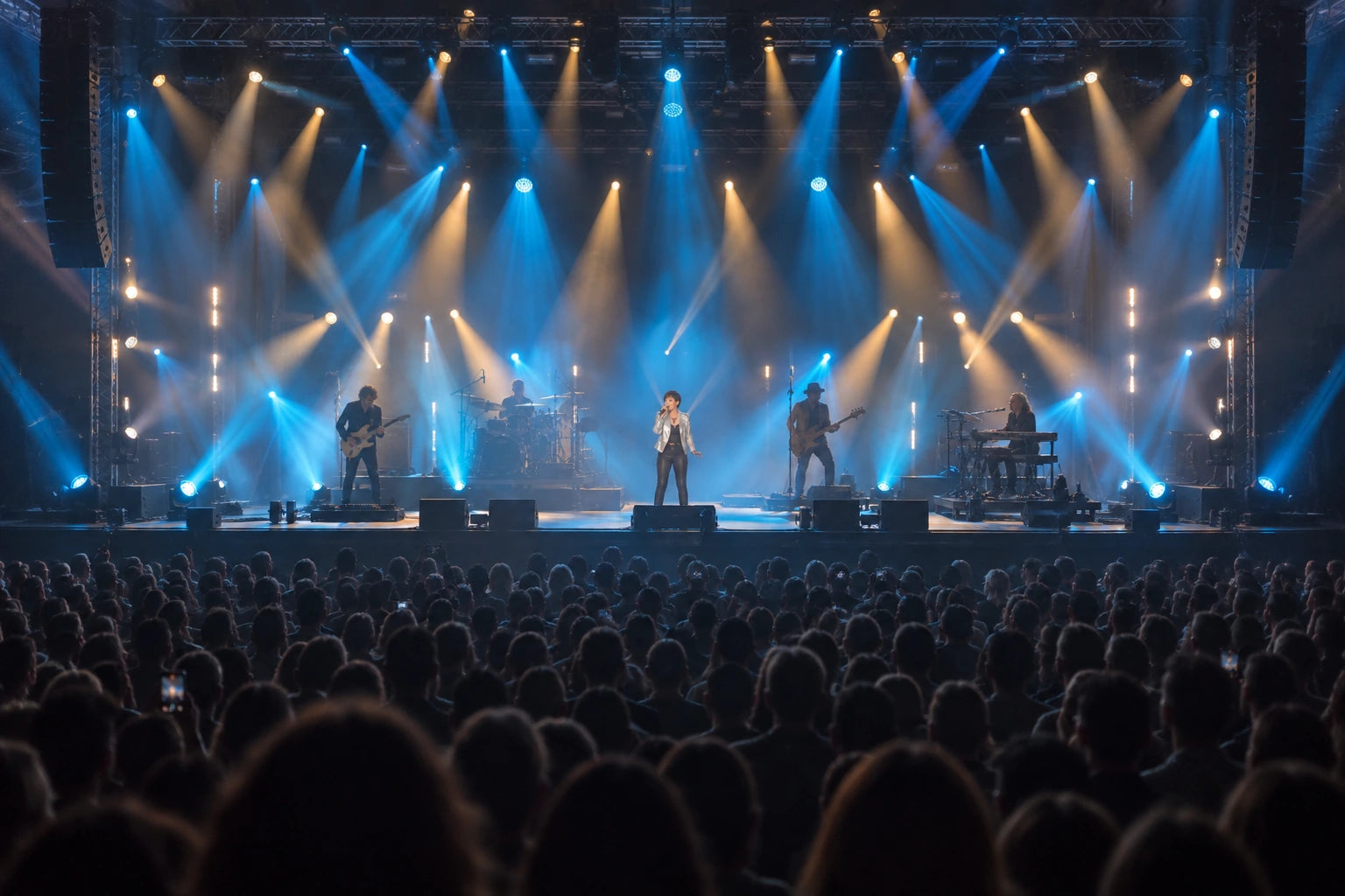 Concert from the audience without a telephoto attachment: wide stage view; AI-generated illustration
