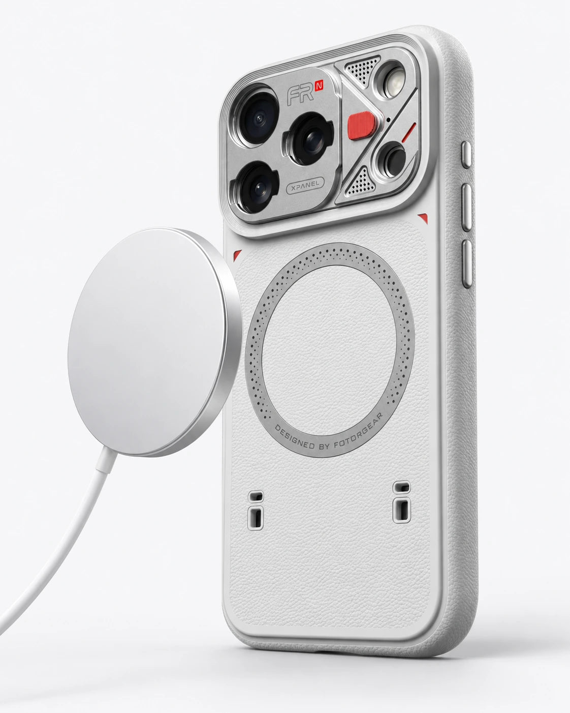 FR-N case with a magnetic charging accessory; AI-assisted scene illustration