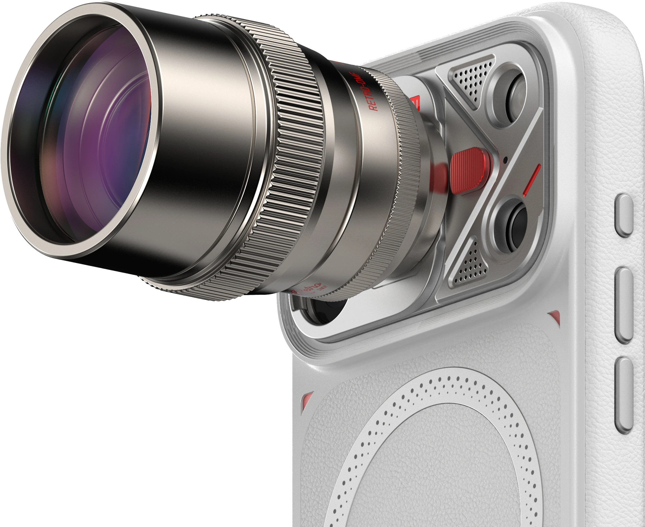 Close-up of a 3.5X Pro telephoto attachment on the FR-N lens module