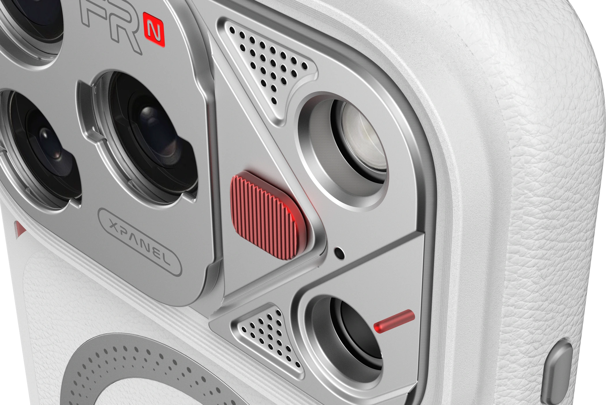 Close-up of geometric lines, fine textures and red accents on the lens module