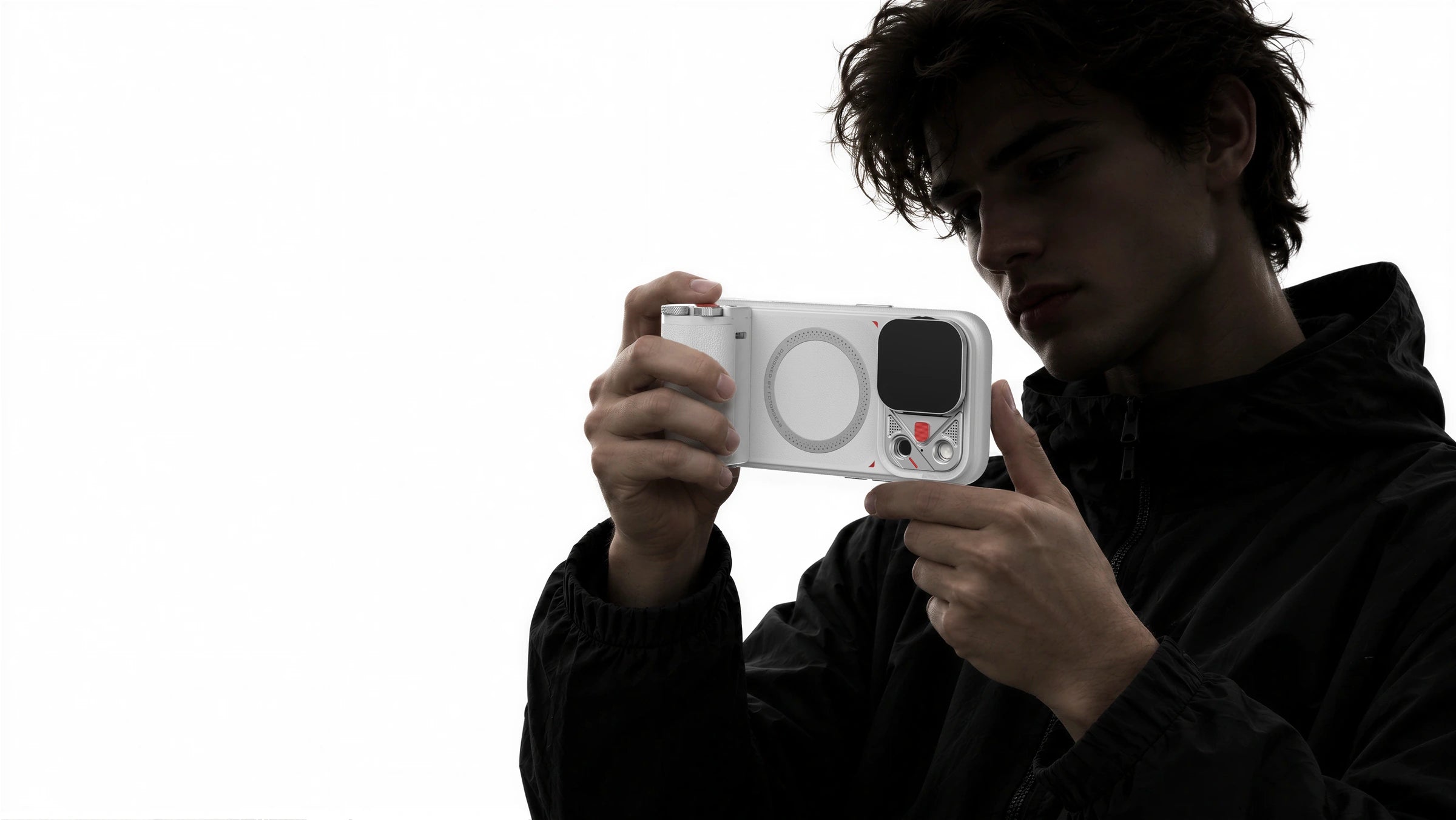 Low-key portrait against white, holding a brightly lit FR-N photography kit; AI-generated scene