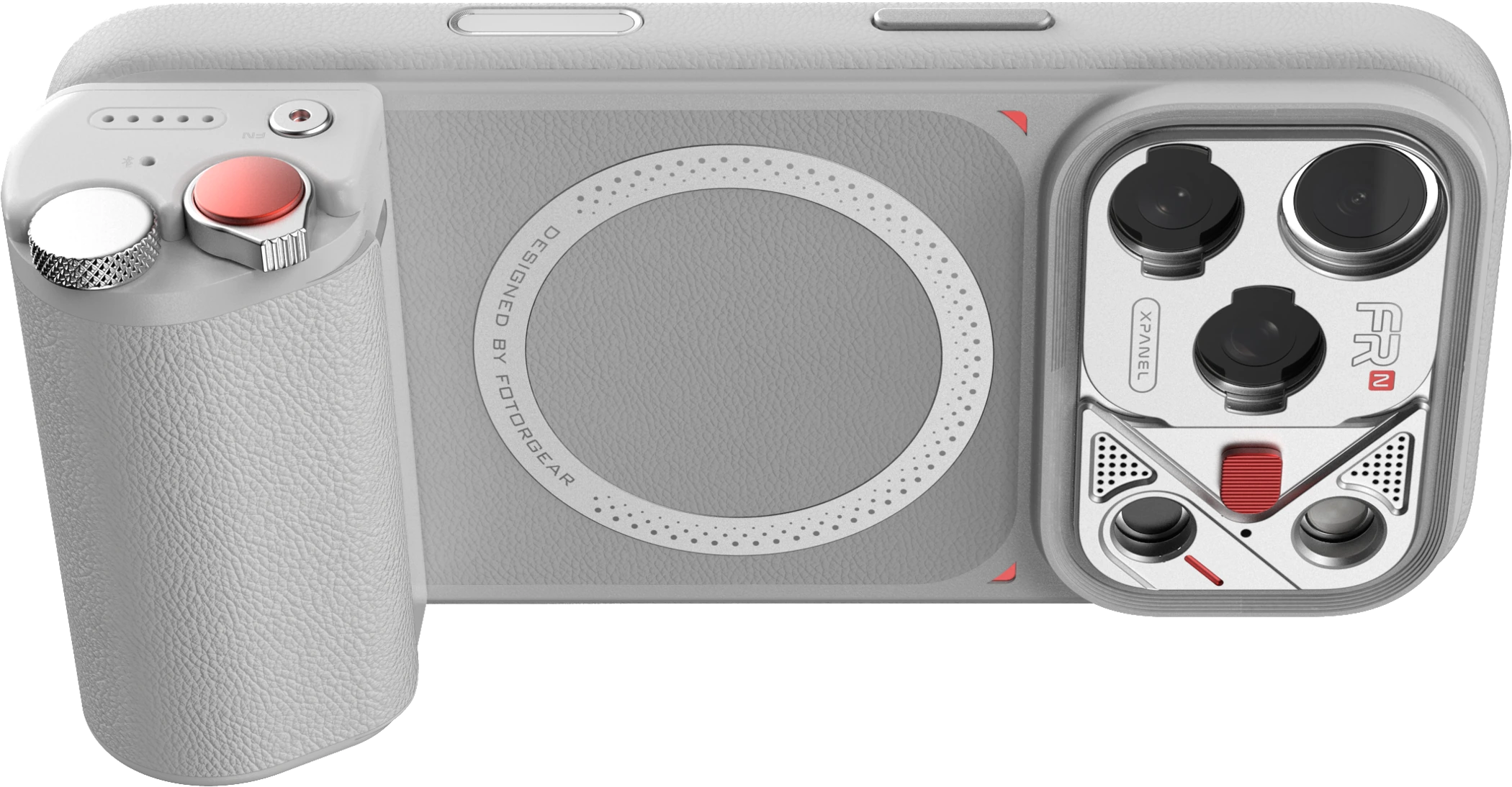 Photography grip secured to the FR-N case with magnetic alignment and mechanical clips