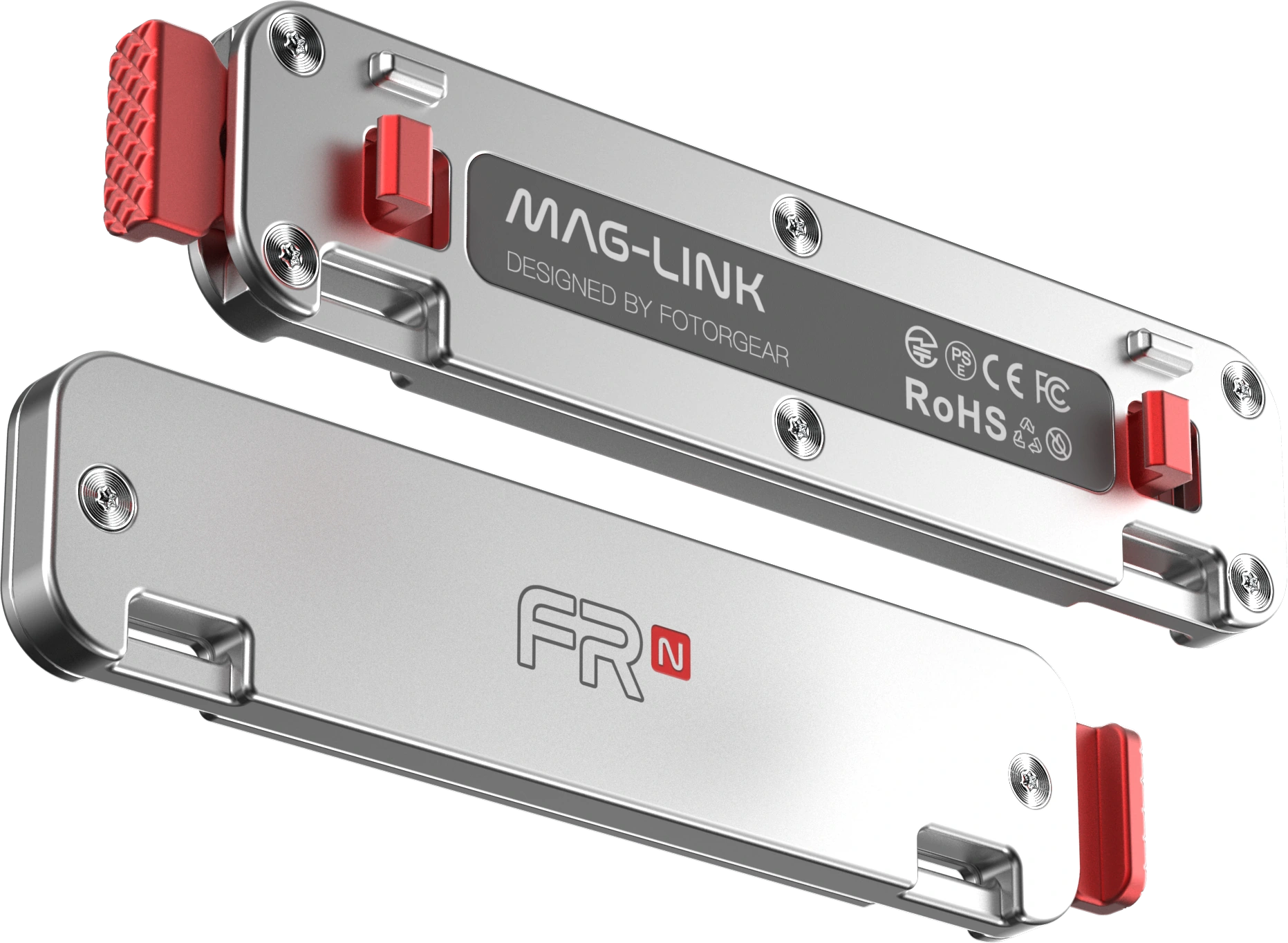Front and back of the Maglink connector, showing its silver plate, clips and red side detail