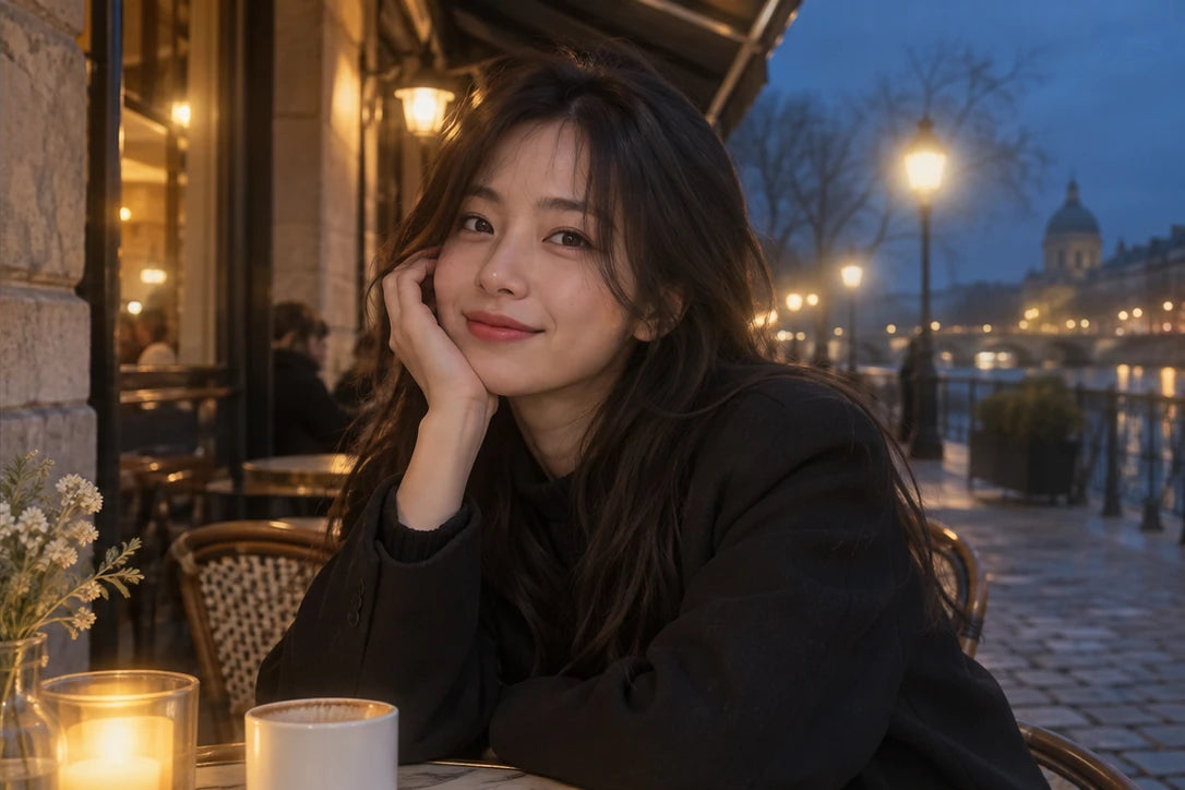 Blue-hour street portrait with Black Mist: soft highlight glow; AI-generated illustration