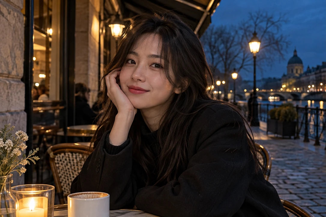 Blue-hour street portrait without Black Mist: defined highlights; AI-generated illustration