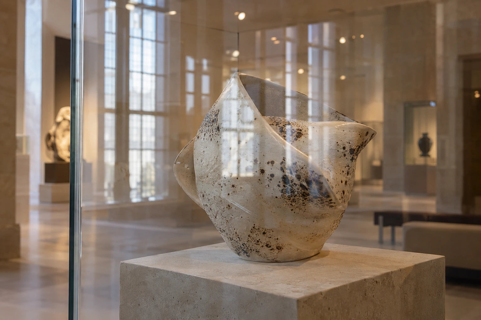 Museum display without PL: glass reflections obscure the exhibit; AI-generated illustration