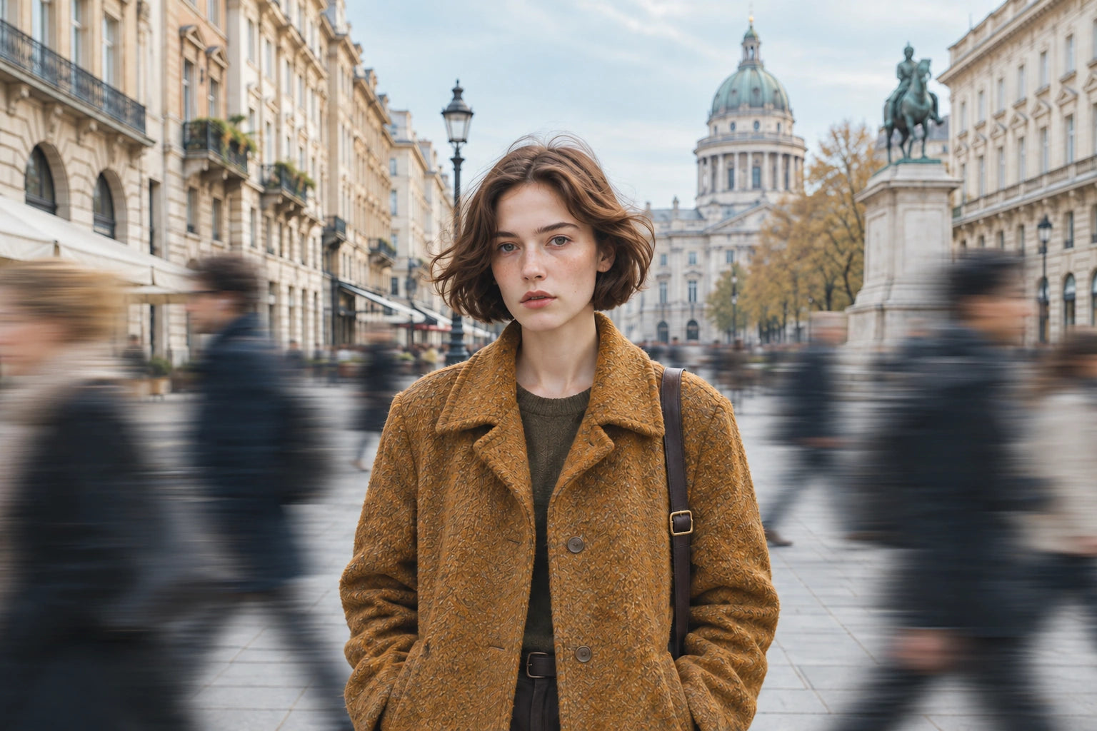 Street portrait with VND and slow shutter: moving crowd around a still subject; AI-generated illustration